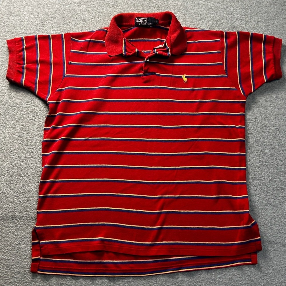 Polo Ralph Lauren Mens Large Red Striped Polo Shirt USA Made Vintage Pony